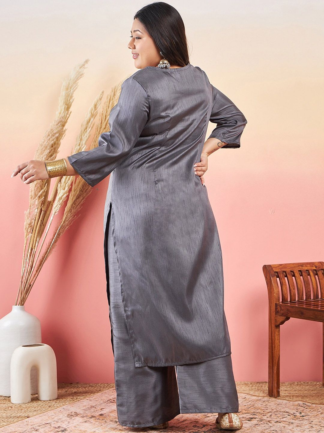 Sztori Ethnic Motifs Printed Notched Neck Straight Kurta With Palazzo