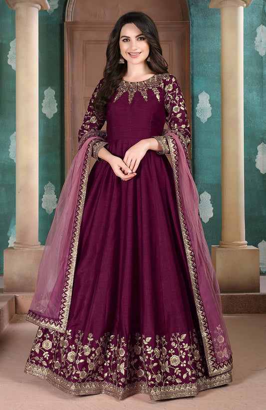 Monjolika Fashion Magenta Color Silk Embroidered Anarkali Suit