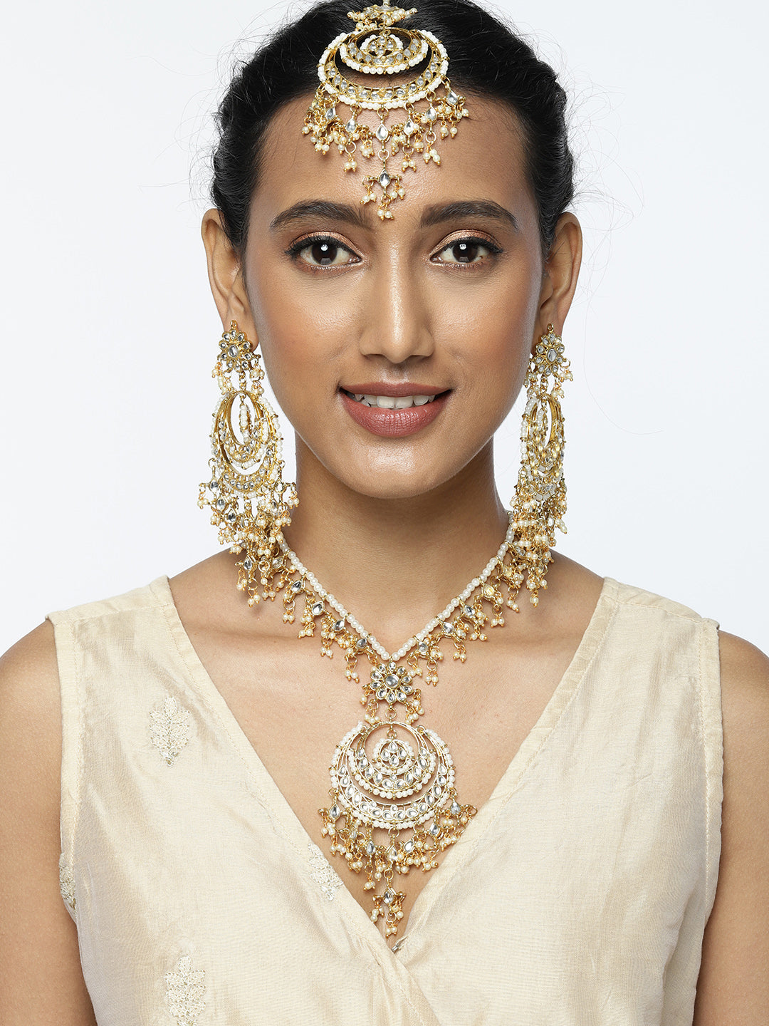 Zaveri Pearls Gold-Toned Kundan & Pearls Studded Rani Haar Jewellery Set - Grab2buy