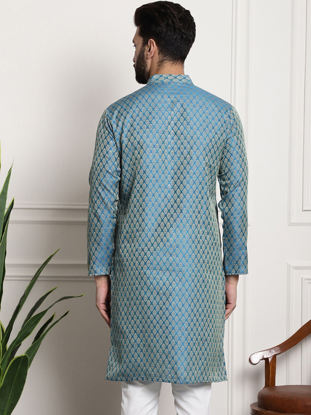Sojanya Men Blue & Beige Ethnic Motif Printed Jacquard Silk Kurta 