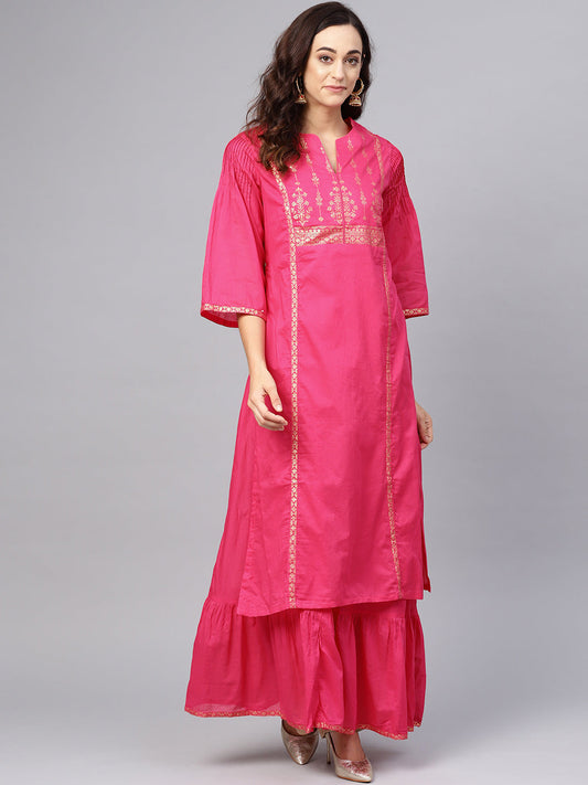 Biba Women Pink & Golden Printed Layered A-Line Kurta - Grab2buy