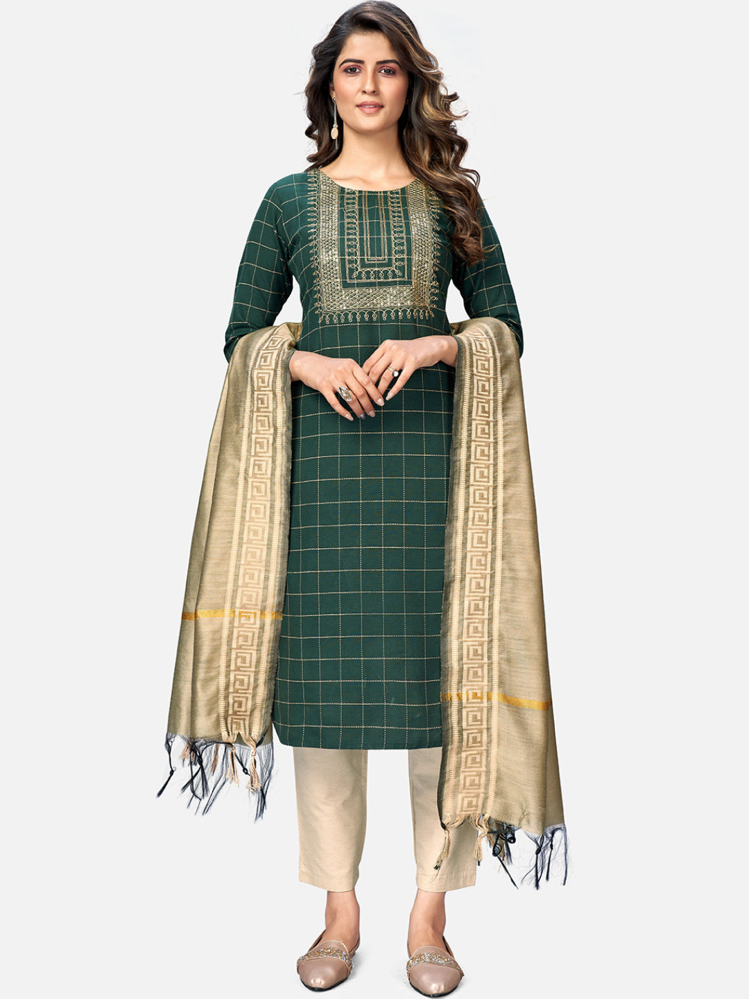 NOZ2TOZ Women Green Cotton Kurta With Pant & Dupatta (3Pcs Set) 
