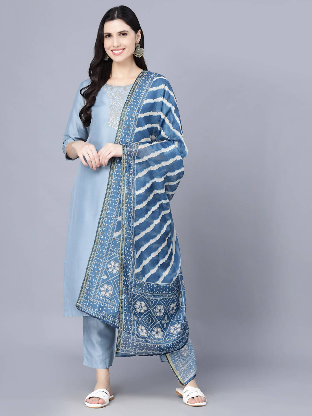 Myshka Women Blue Ethnic Motifs Panelled Kurta with Trousers With Dupatta