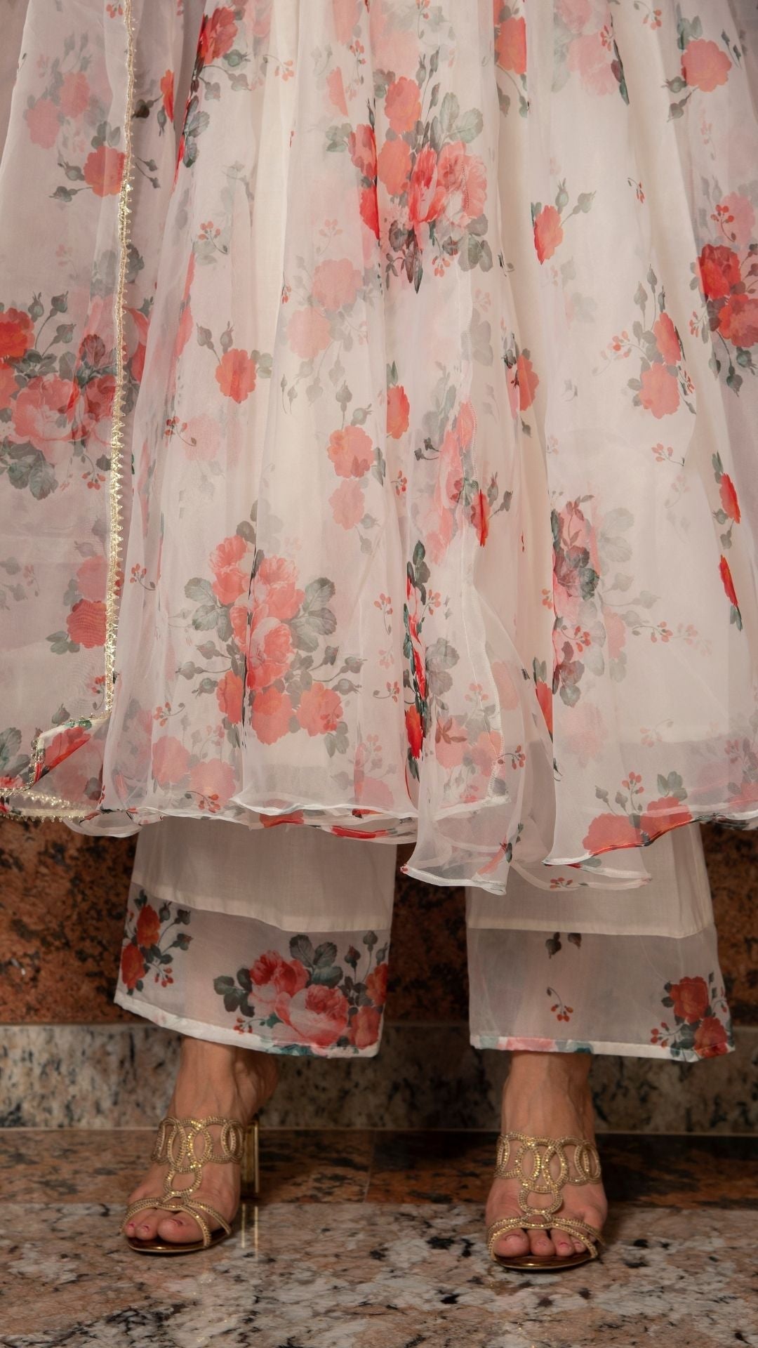 Pomcha Jaipur Red And White Floral Organza Anarkali Set 