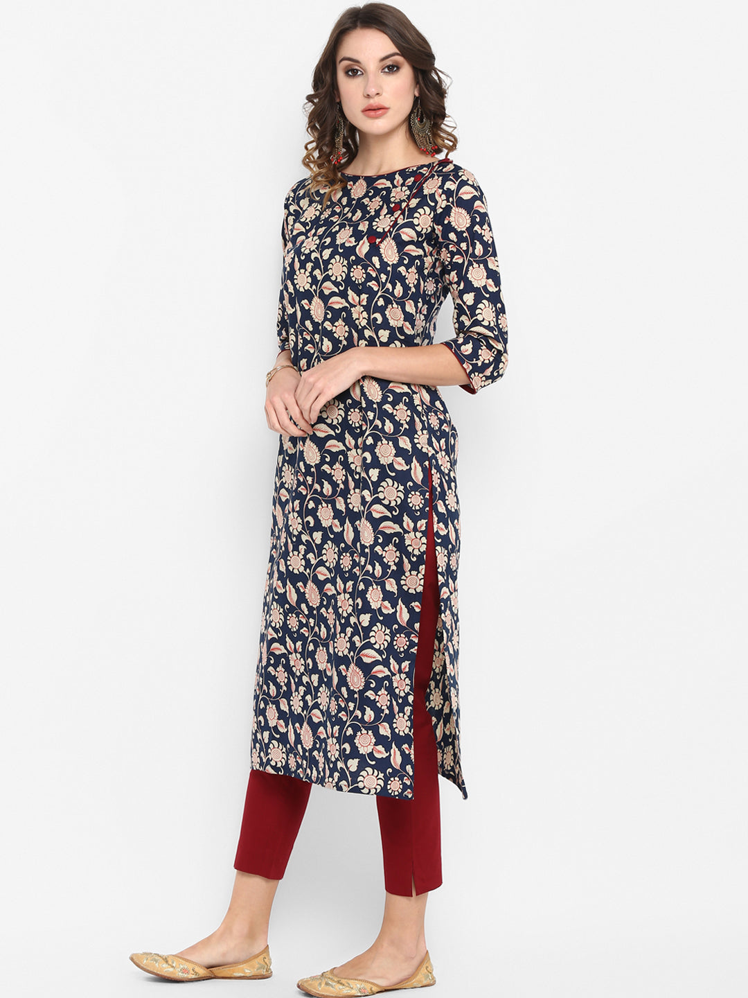 Janasya Women Navy Blue Ethnic Motifs Printed Regular Pure Cotton Kurta with Trousers
