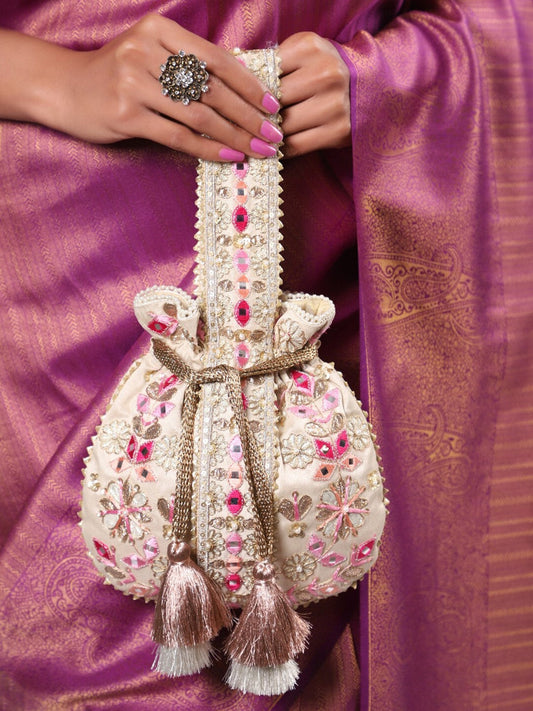 Masq Beige & Pink Embroidered Potli Clutch - Grab2buy