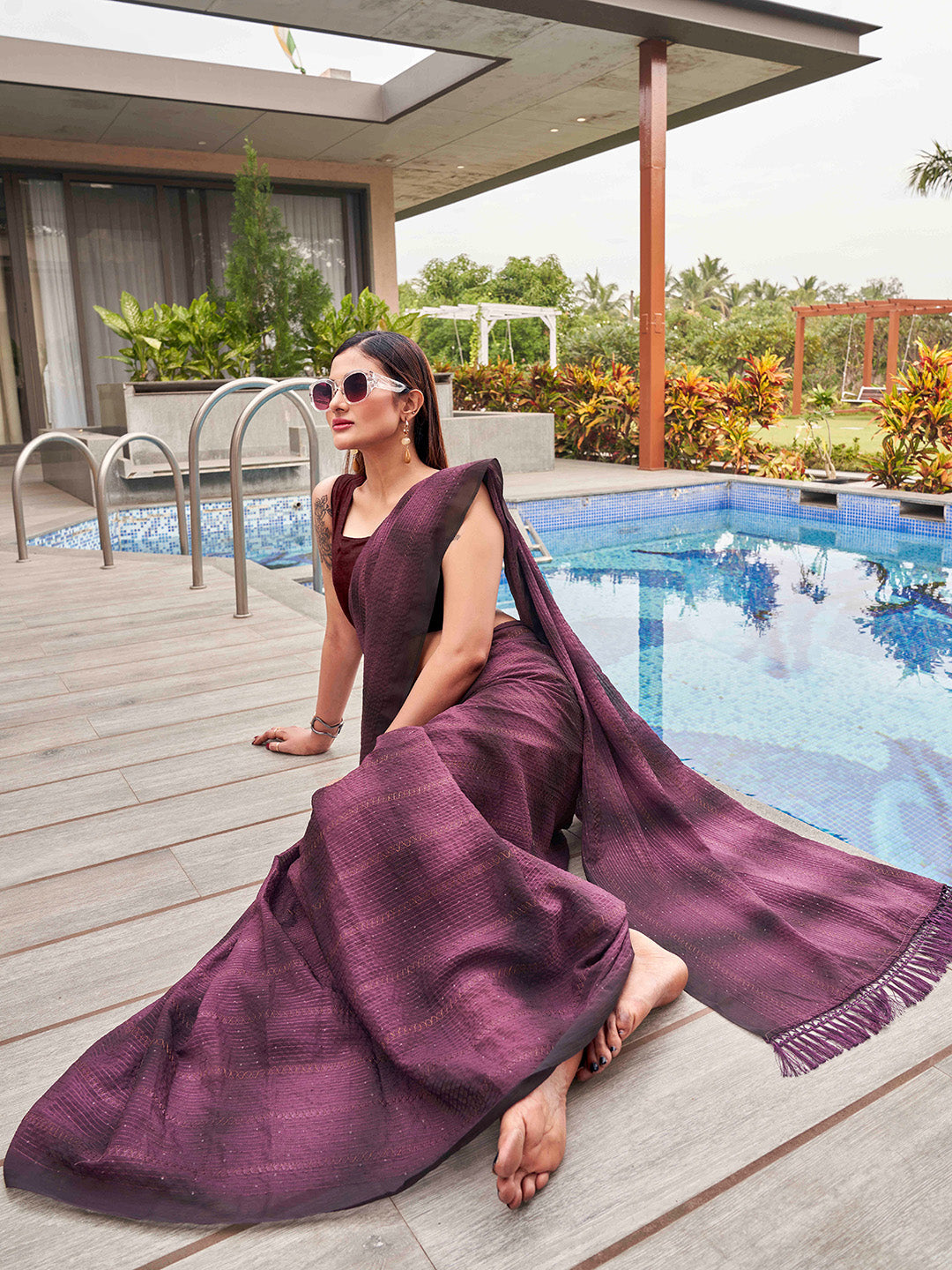 Tikhi Imli Woven Design Embellished Sequinned Grab2Buy With Tassles 