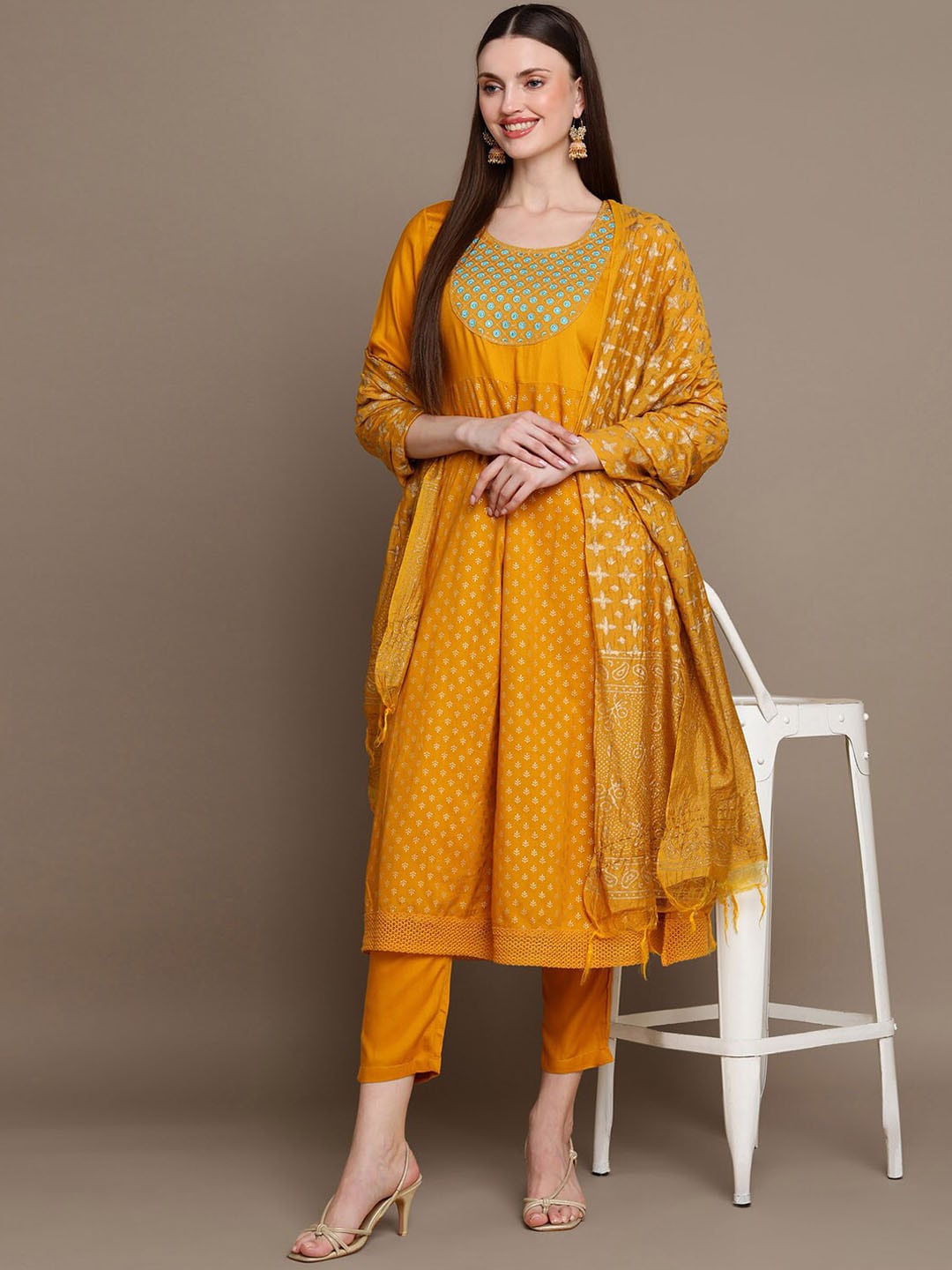 HERE&NOW Ethnic Motifs Embroidered Mirror Work Yoke Anarkali Kurta with Trousers & Dupatta