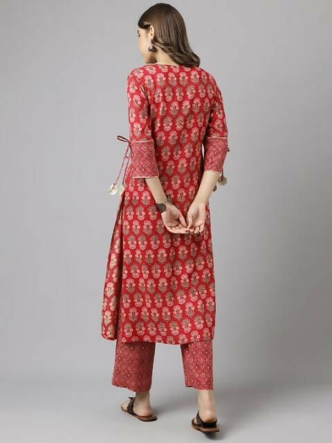 FIORRA Women's Red Cotton A-Line Kurta Set 