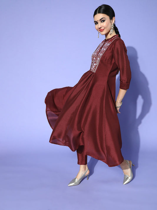 Sangria Women Maroon Ethnic Motifs Embroidered Yoke Design A-Line Kurta with Trousers - Grab2buy