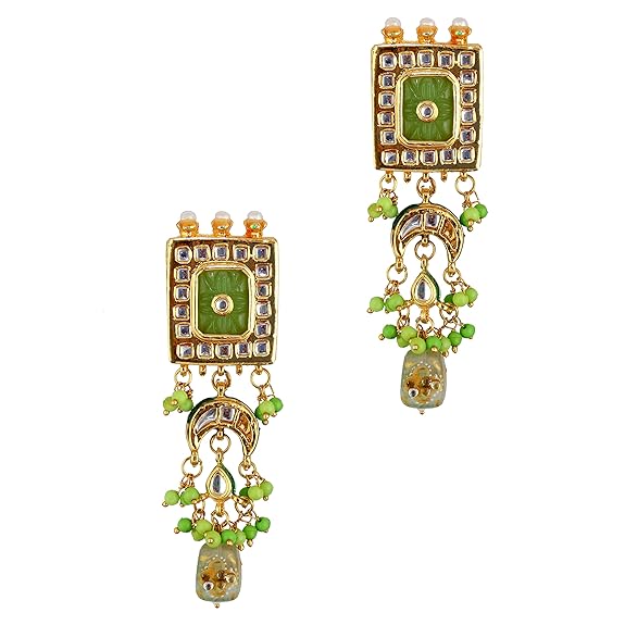 Tehzeeb Creations Meenakari Gold-Polished Green Color Rectangular Shape Uncut Kundan Combo Necklace Set Tehzeeb Creations