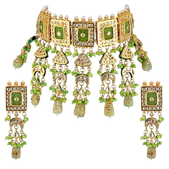 Tehzeeb Creations Meenakari Gold-Polished Green Color Rectangular Shape Uncut Kundan Combo Necklace Set Tehzeeb Creations