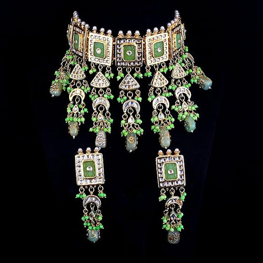 Tehzeeb Creations Meenakari Gold-Polished Green Color Rectangular Shape Uncut Kundan Combo Necklace Set Tehzeeb Creations