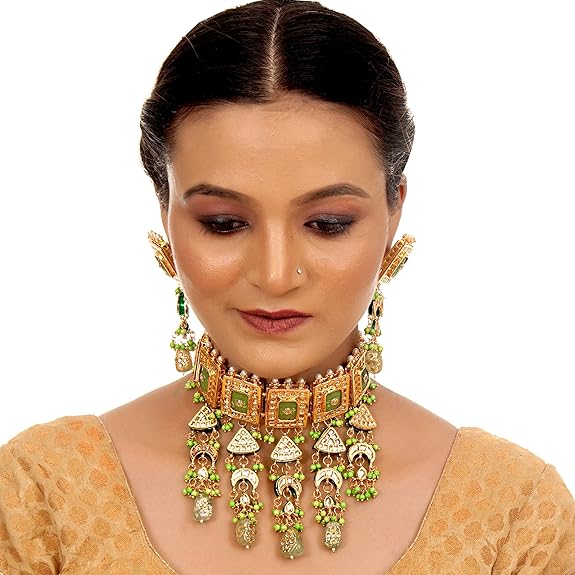 Tehzeeb Creations Meenakari Gold-Polished Green Color Rectangular Shape Uncut Kundan Combo Necklace Set Tehzeeb Creations