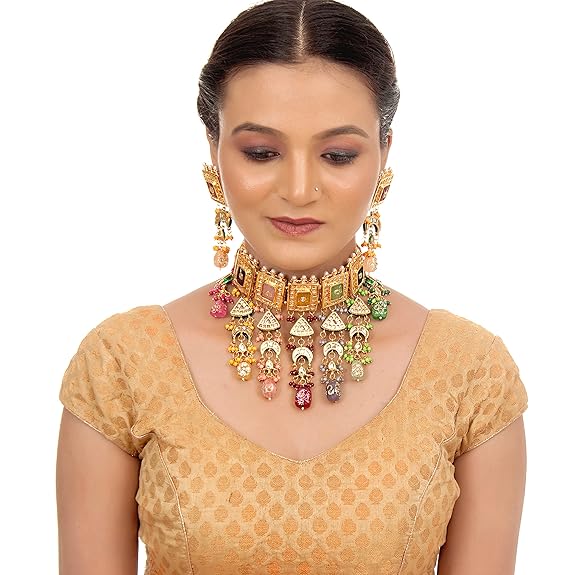 Tehzeeb Creations Meenakari Gold-Polished Multi Color Rectangular Shape Uncut Kundan Combo Necklace Set Tehzeeb Creations