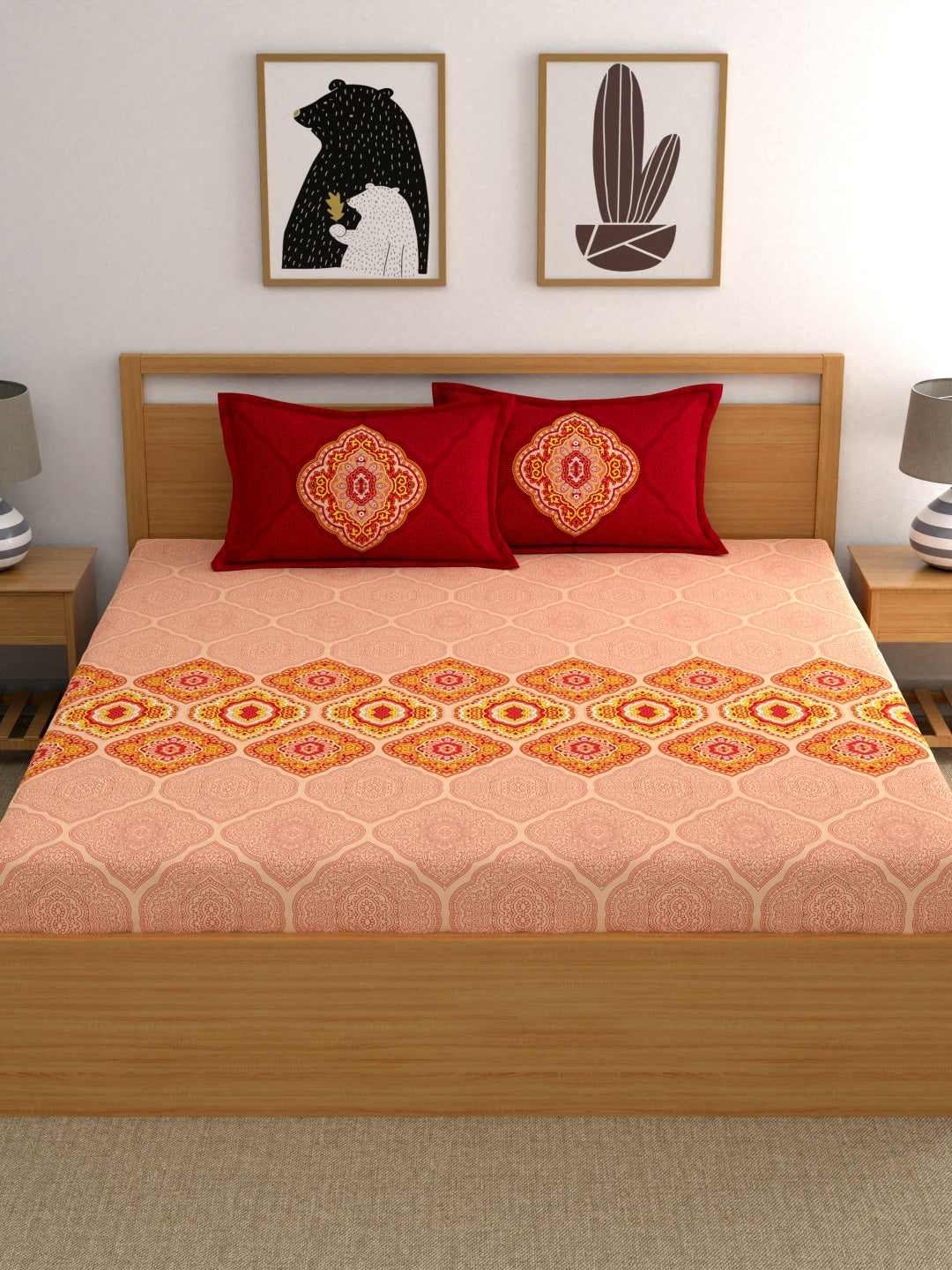 Dreamscape Pink Ethnic Motifs 144 TC Cotton 1 Queen Bedsheet with 2 Pillow Covers 