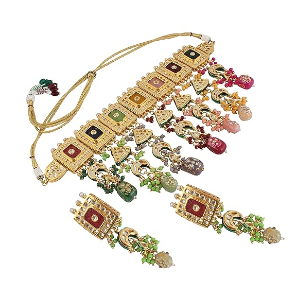 Tehzeeb Creations Meenakari Gold-Polished Multi Color Rectangular Shape Uncut Kundan Combo Necklace Set Tehzeeb Creations