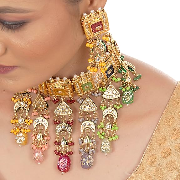 Tehzeeb Creations Meenakari Gold-Polished Multi Color Rectangular Shape Uncut Kundan Combo Necklace Set Tehzeeb Creations