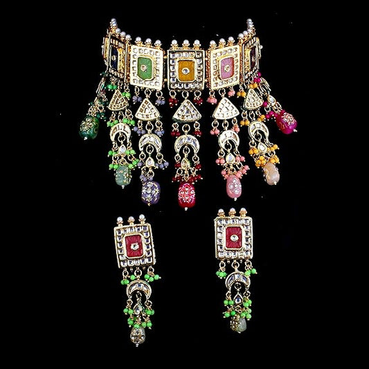 Tehzeeb Creations Meenakari Gold-Polished Multi Color Rectangular Shape Uncut Kundan Combo Necklace Set Tehzeeb Creations