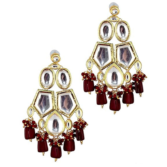 Tehzeeb Creations Meenakari Gold-Polished Maroon color pentagon shape Uncut Kundan Combo Necklace Set Tehzeeb Creations