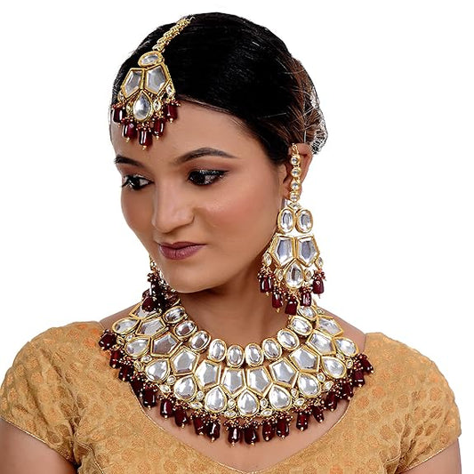 Tehzeeb Creations Meenakari Gold-Polished Maroon color pentagon shape Uncut Kundan Combo Necklace Set Tehzeeb Creations
