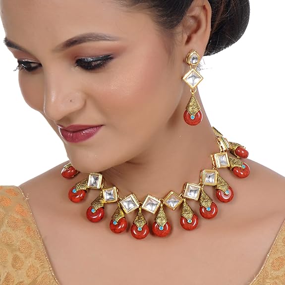 Tehzeeb Creations Back Meenakari Gold-Polished Red Color Square Shape Earring Jewellery Set Uncut Kundan Big Faux Kundan Dibbi Kundan Necklace Set Tehzeeb Creations
