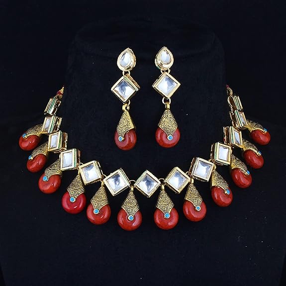 Tehzeeb Creations Back Meenakari Gold-Polished Red Color Square Shape Earring Jewellery Set Uncut Kundan Big Faux Kundan Dibbi Kundan Necklace Set Tehzeeb Creations