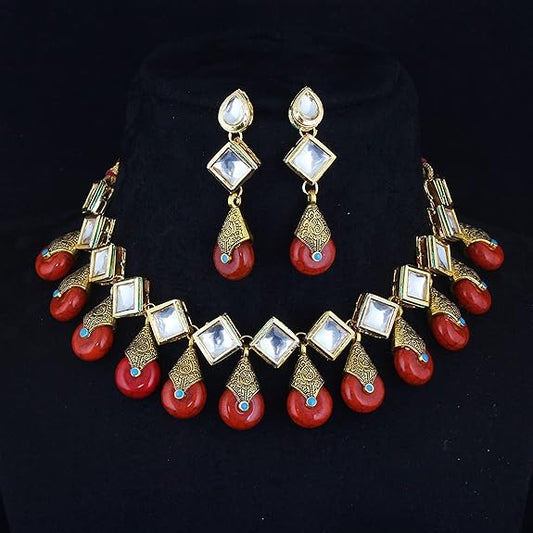 Tehzeeb Creations Back Meenakari Gold-Polished Red Color Square Shape Earring Jewellery Set Uncut Kundan Big Faux Kundan Dibbi Kundan Necklace Set Tehzeeb Creations