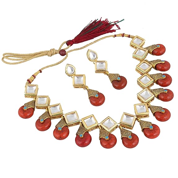 Tehzeeb Creations Back Meenakari Gold-Polished Red Color Square Shape Earring Jewellery Set Uncut Kundan Big Faux Kundan Dibbi Kundan Necklace Set Tehzeeb Creations