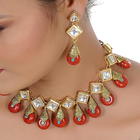 Tehzeeb Creations Back Meenakari Gold-Polished Red Color Square Shape Earring Jewellery Set Uncut Kundan Big Faux Kundan Dibbi Kundan Necklace Set Tehzeeb Creations