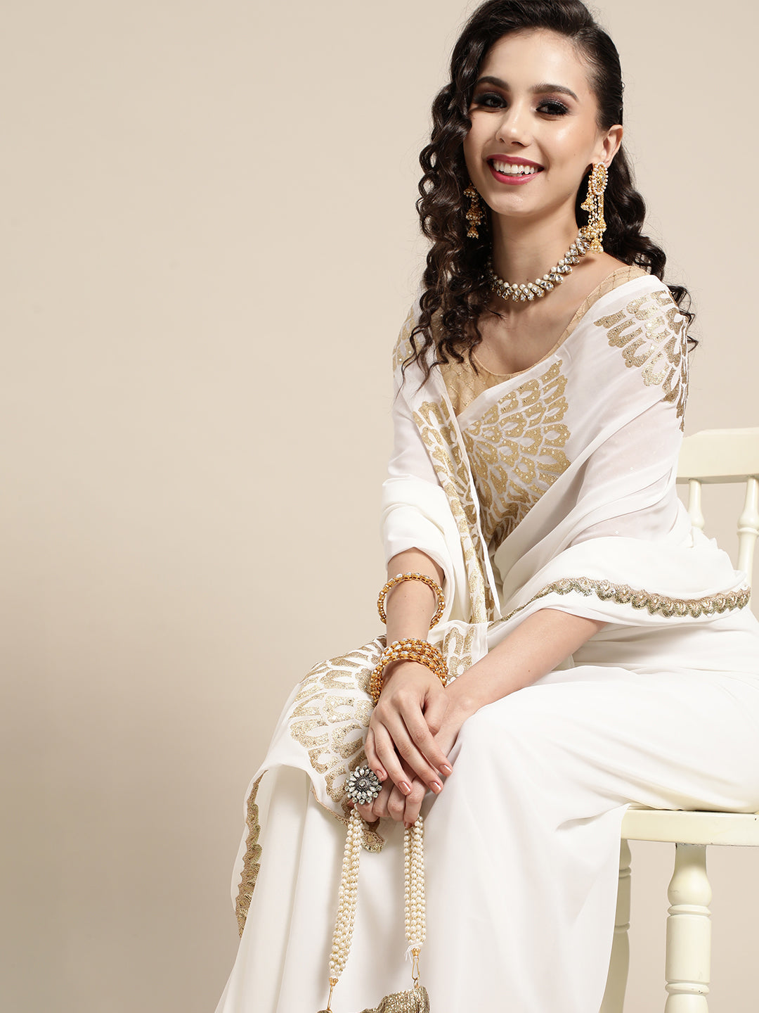 Saree Mall Off White & Golden Ethnic Motifs Saree