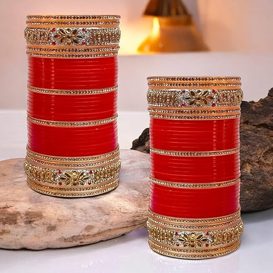 Tehzeeb Creations Bridal Bangle Set Golden White & Red Stone Chuda, Wedding punjabi Choora Fashion Chura Set for Women