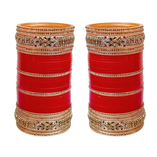 Tehzeeb Creations Bridal Bangle Set Golden White & Red Stone Chuda, Wedding punjabi Choora Fashion Chura Set for Women