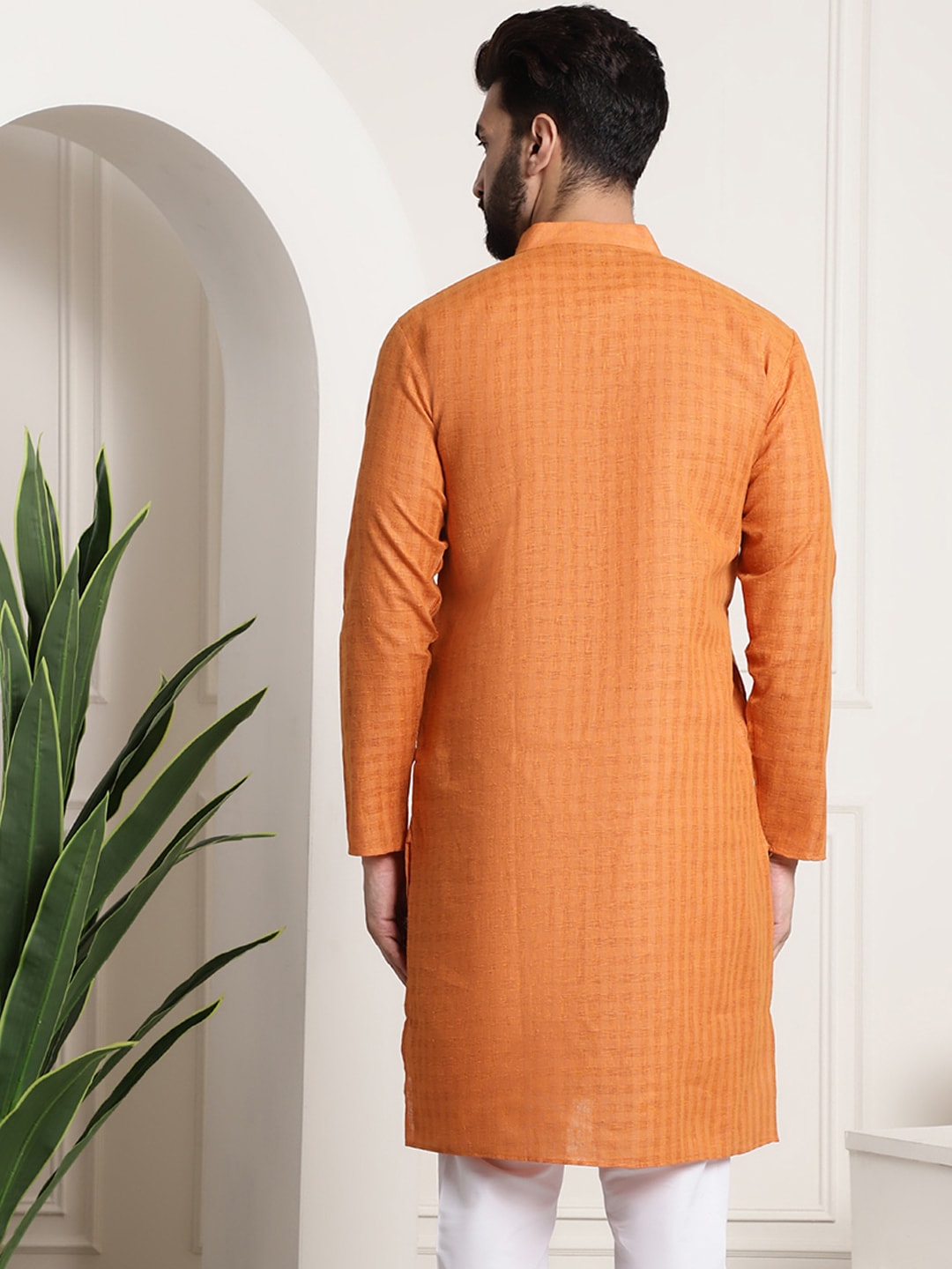 Sojanya Men Orange Dobby Self-Checked Straight Kurta 