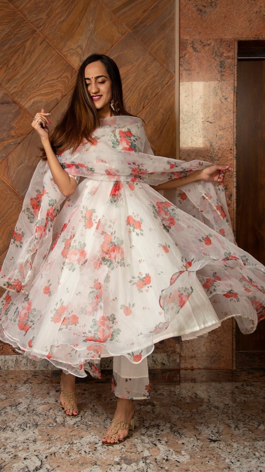 Pomcha Jaipur Red And White Floral Organza Anarkali Set 
