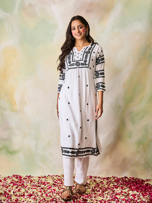 HOUSE OF KARI Notched Neck Floral Embroidered Chikankari Cotton Kurta 