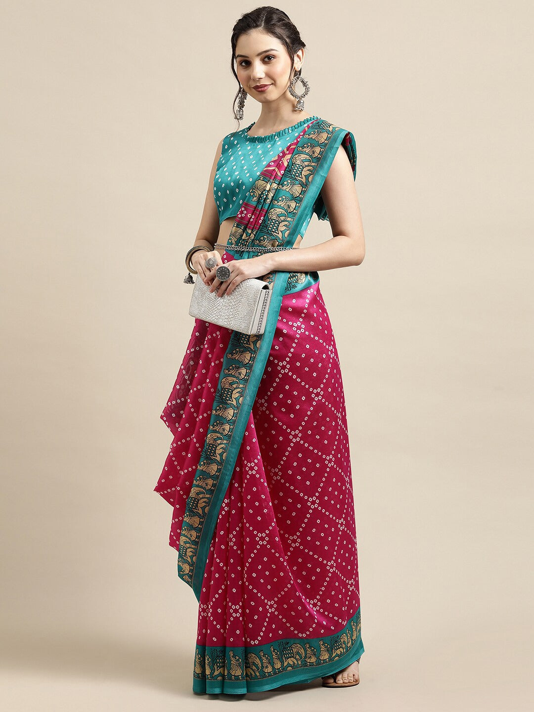 Saree Mall Pink & Teal Bandhani Printed Saree