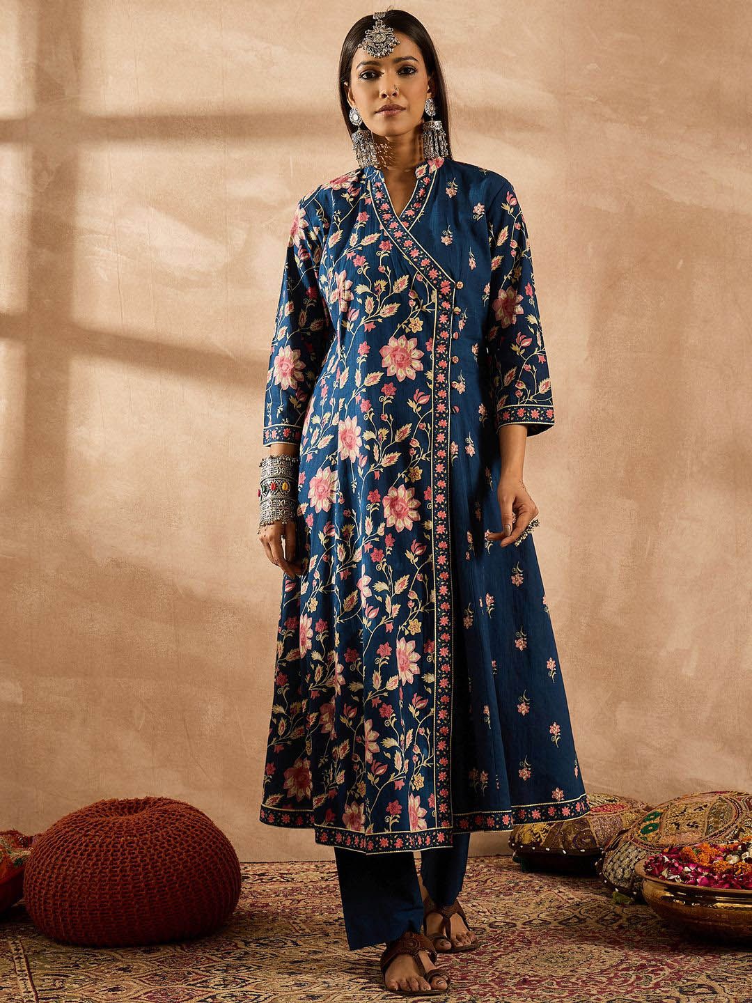 Indo Era Women Floral Printed Angrakha Beads and Stones Pure Cotton Kurta with Trousers & With Dupatta