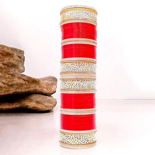 Tehzeeb Creations Bridal Bangle Set Red Designer AD & Golden Stone Dulhan Chuda Fashion Wedding Chura Punjabi Choora For Women