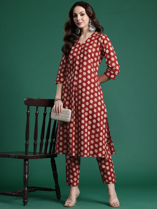 Indo Era Women Printed Pleated Pure Cotton Kurta with Trousers