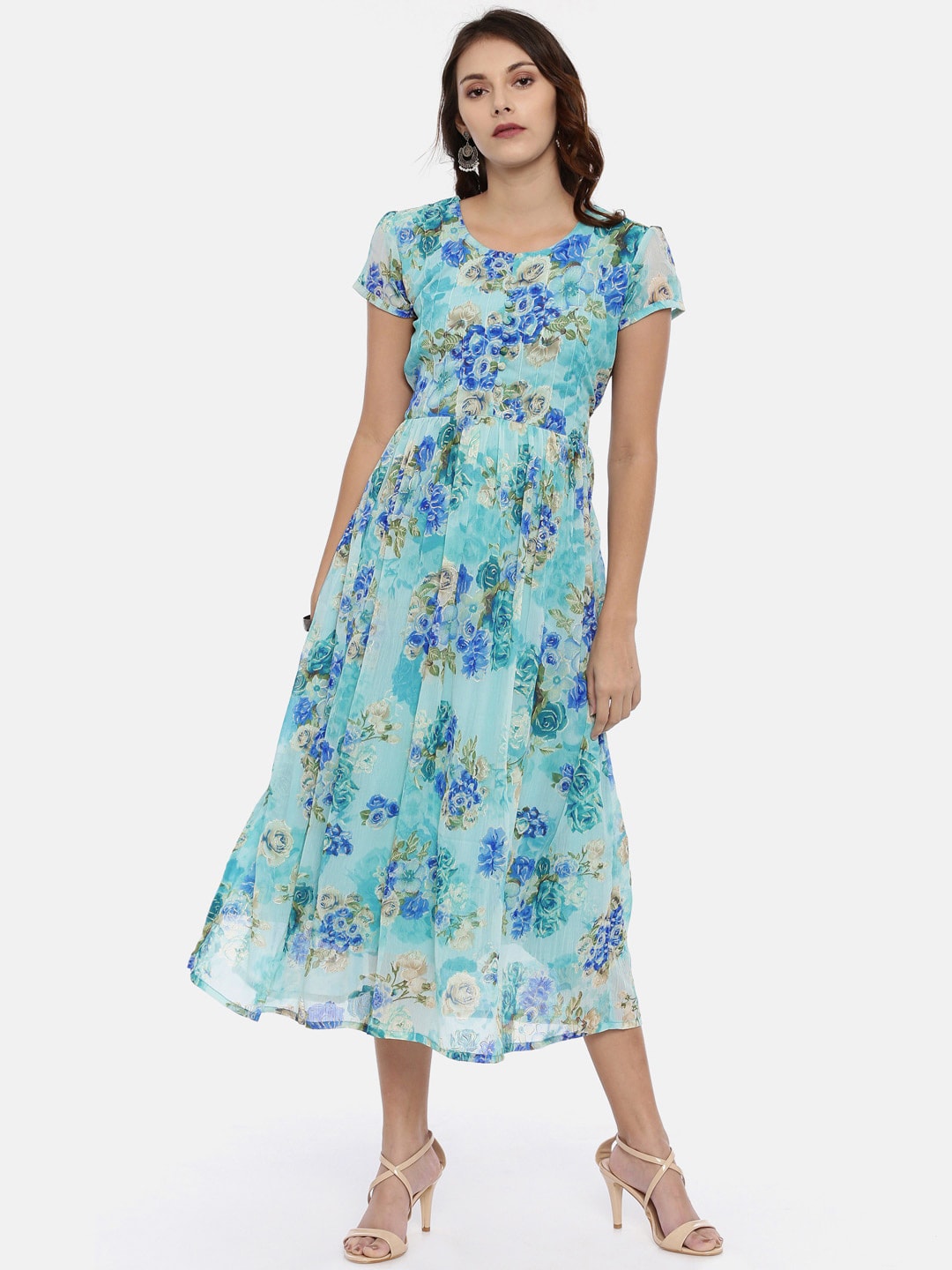 Souchii Sea Green & Blue Floral Printed A-Line Dress | Grab2Buy