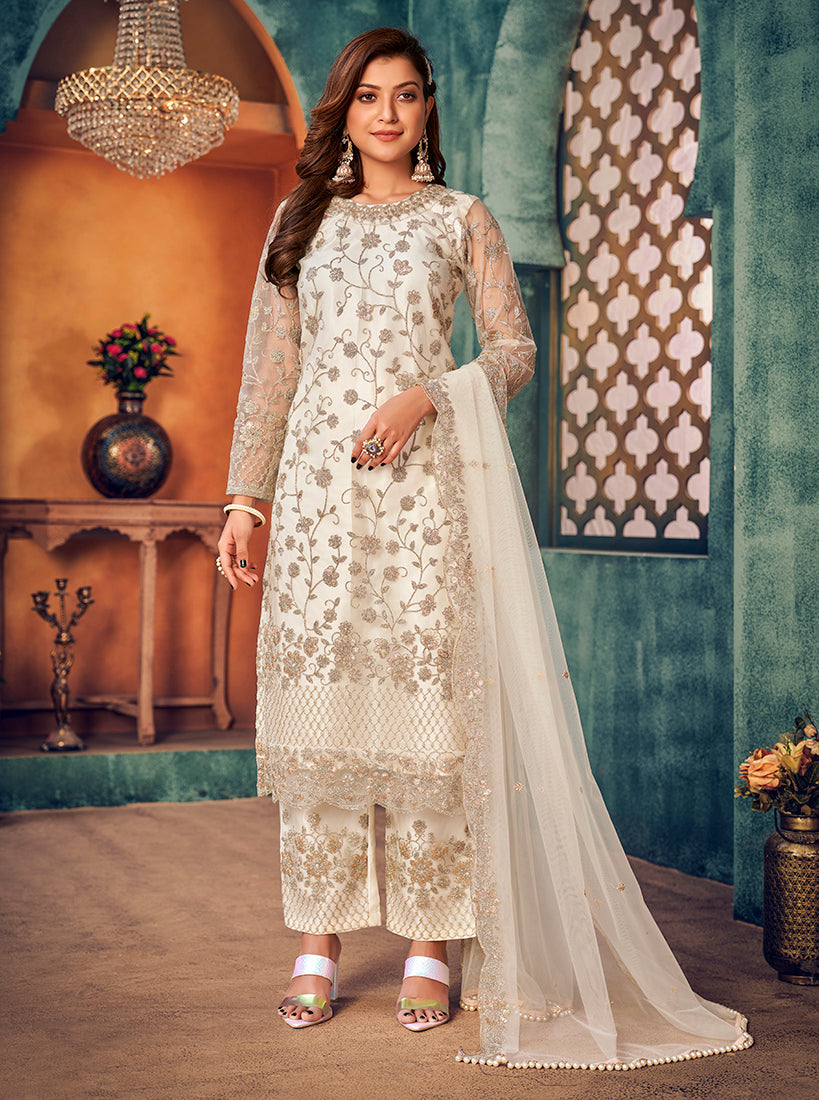 Monjolika Fashion White Color Trendy Designer Net Pakistani Salwar Kameez