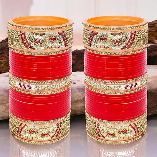 Tehzeeb Creations Bridal Bangle Set Designer Golden White & Red Stone Chuda Bridal Wedding Choora Fashion Chura For Women