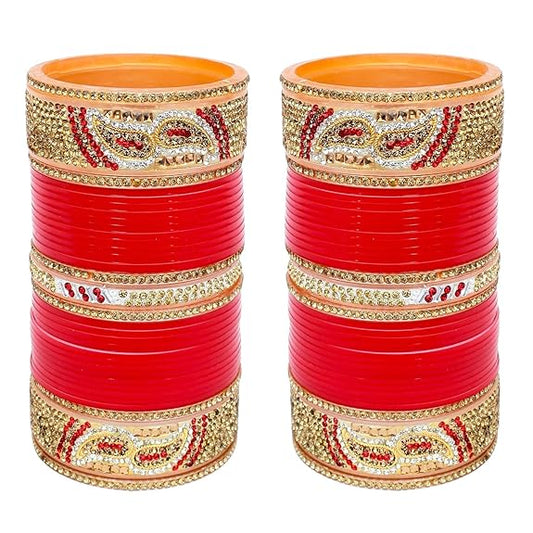 Tehzeeb Creations Bridal Bangle Set Designer Golden White & Red Stone Chuda Bridal Wedding Choora Fashion Chura For Women