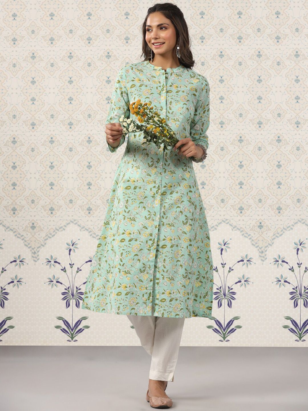 Ode by House of Pataudi Floral Printed Band Collar Pure Cotton Kurta | Grab2Buy