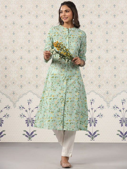 Ode by House of Pataudi Floral Printed Band Collar Pure Cotton Kurta | Grab2Buy