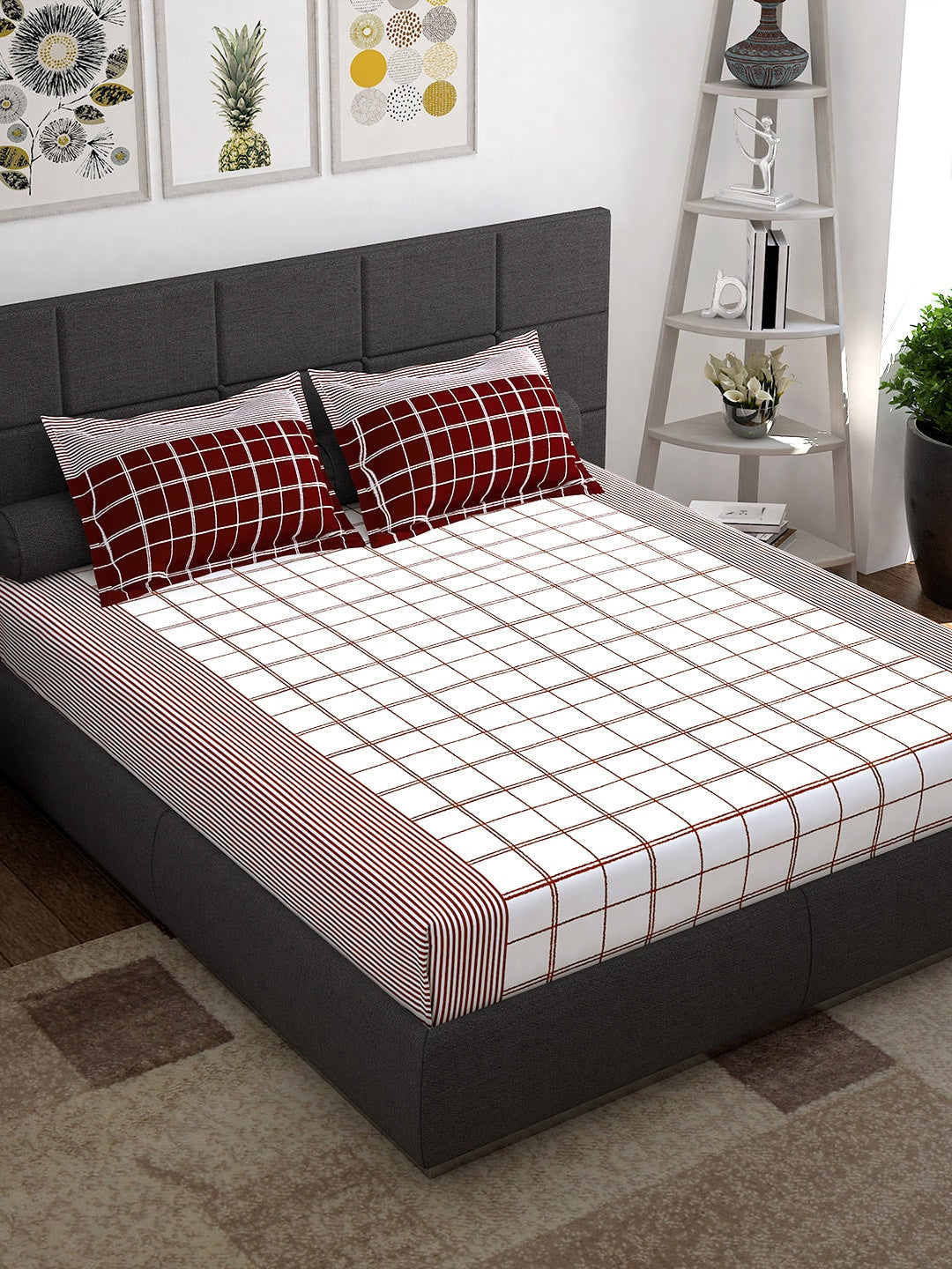 Story@home Maroon & White Geometric 152 TC Queen Bedsheet with 2 Pillow Covers | Grab2Buy