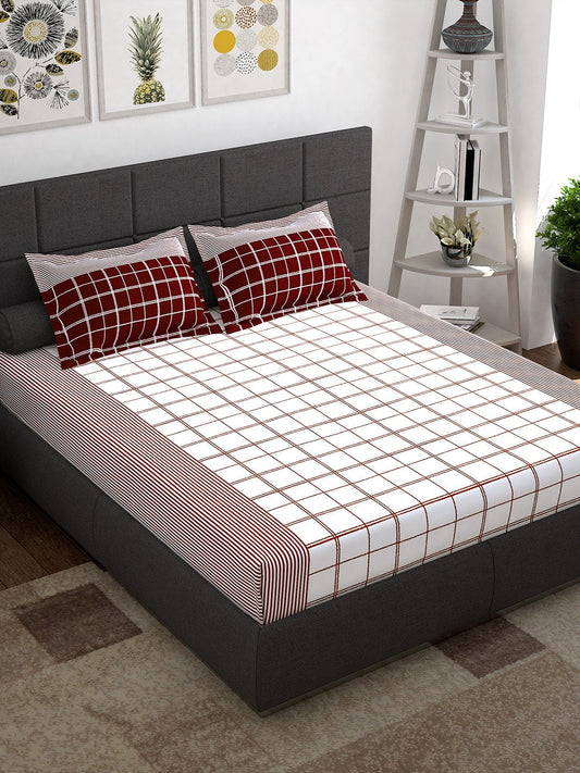 Story@home Maroon & White Geometric 152 TC Queen Bedsheet with 2 Pillow Covers | Grab2Buy