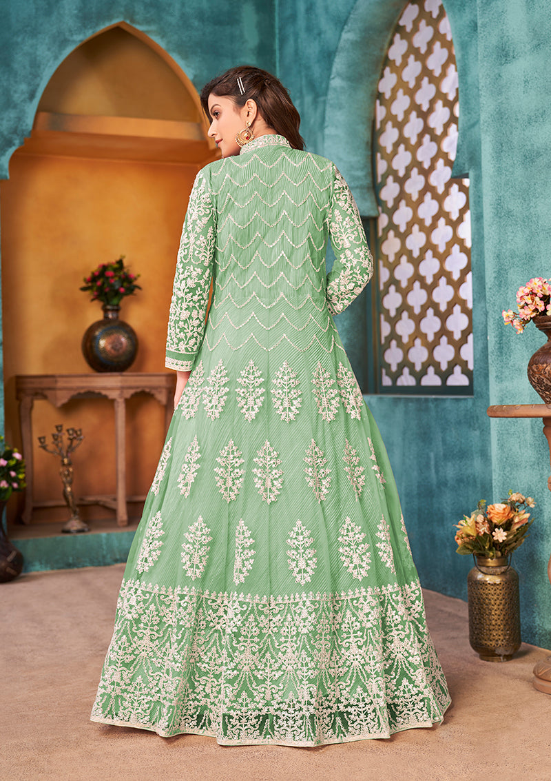 Monjolika Fashion Sea Green Color Net Designer Floor Length Suit