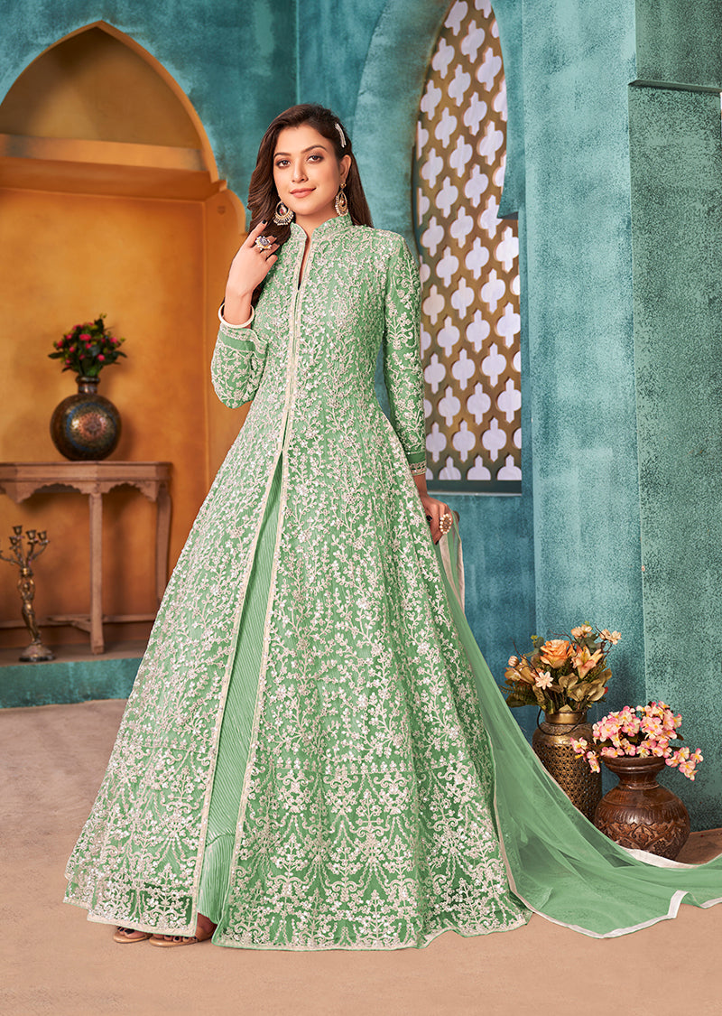 Monjolika Fashion Sea Green Color Net Designer Floor Length Suit
